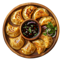 Cooked Gyoza Dumplings in a Wooden Bowl with Sauce on a Transparent Image png
