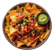 Nachos Pile with Salsa, Guacamole in Bowl on a Transparent Background Image png