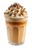 Iced latte topped with whipped cream and chocolate shavings on a transparent background image png