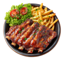 Succulent Barbecue Ribs with Fries and Salad on Plate, Image png