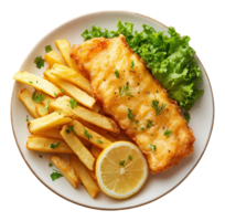 Top-Down View of Fish and Chips Meal with Lemon and Salad on a Plate, Image png