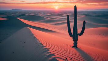 Cactus in Desert Landscape at Sunset with Warm Colors and Sand Dunes photo