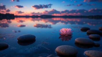 Lotus Flower Floating on Still Lake Water at Sunset Reflection photo