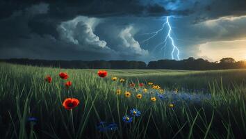 Dramatic Lightning Over Field of Flowers with Stormy Sky Landscape photo