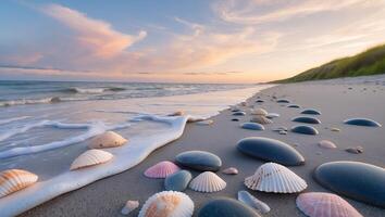 Seashore at Sunset with Sea Shells and Stones on Sand photo