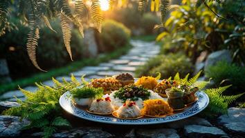 Diverse Dishes on Serving Plate with Ferns and Nature Background photo