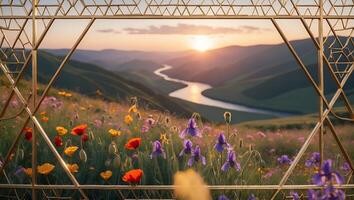 Viewing a Field of Wildflowers and River Through Golden Frame photo