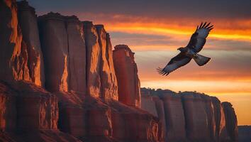 Eagle Soaring Over Rugged Canyon Walls at Vibrant Sunset Glow photo
