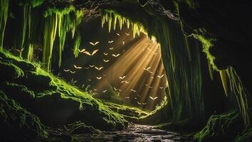 Exploring Mossy Cave with Sunlight and Flying Shapes photo