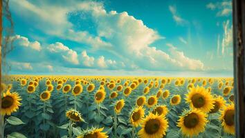 Sunflower Field Under a Bright Sky with Puffy Clouds on Horizon photo