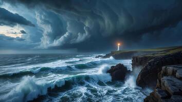 Dramatic Ocean Waves Crashing Against Rocky Coast with Lighthouse Beacon photo