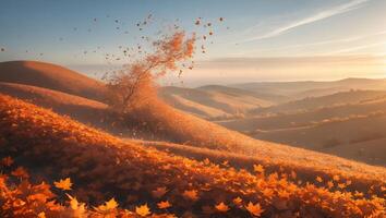 Autumn Tree Shedding Leaves on Rolling Hills at Sunrise Scenery photo