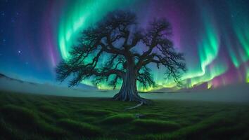 Majestic Tree Silhouette Under Colorful Northern Lights in Night Meadow photo