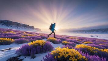 Person Hiking Through a Snowy Meadow with Wildflowers at Sunset photo