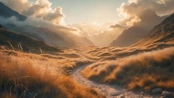 Hiking Trail Through Golden Field in Mountain Valley at Sunrise photo