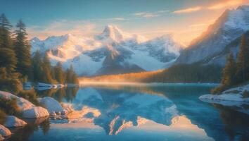 Lake Reflecting Snow Capped Mountains and Evergreen Forest at Dawn photo