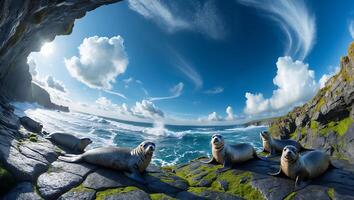 Seals Resting on Rocky Coastline with Crashing Waves and Cloudy Sky photo