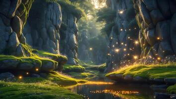Reflective River Flows Through Mossy Rock Formation with Glimmering Lights photo