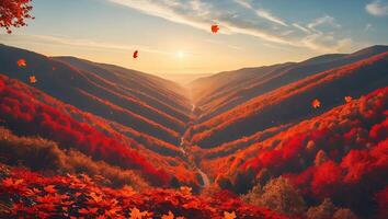 Autumn Valley View with Falling Leaves and Warm Sunset Glow photo