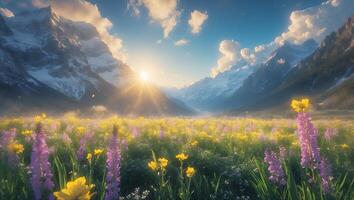 Blooming Meadow with Mountain Peaks and Sun Rays in Alpine Valley photo