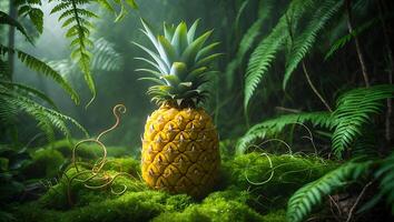 Pineapple Standing on Moss in Forest Tropical Still Life photo