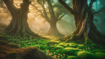 Mushroom Forest Landscape with Mossy Ground and Foggy Atmosphere photo