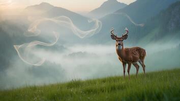 Standing Deer on Green Hill Overlooking Foggy Mountain Valley Landscape photo