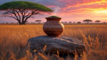 Earthenware Pot Steaming on Rock at Sunset in Grassy Field photo