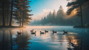 Ducks Swimming on Lake at Dawn with Fog and Trees photo
