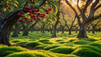 Cherry Orchard at Sunset Fresh Fruit Hanging Ripe and Ready photo