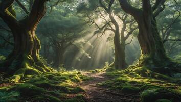 Sunlight Streaming Through Forest Trees with Moss Covered Ground photo