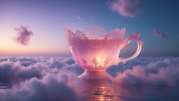 Ornate Teacup Floating on Cloudy Water at Twilight with Celestial Sky photo