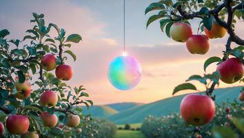 Hanging Orb in Apple Orchard at Sunset with Rolling Hills photo