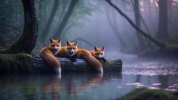 Foxes Resting on Log by River in Foggy Forest Scene photo