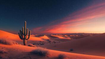Standing Cactus in Desert Landscape with Dramatic Sunset Sky photo