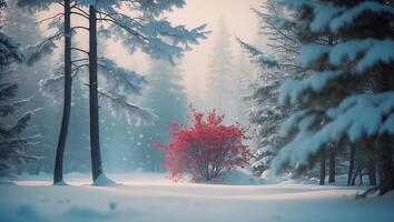 Snowy Forest Landscape with Red Shrub and Falling Snow Flakes photo