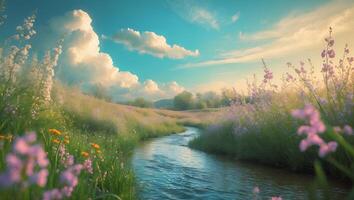 Flowing Stream Through Meadow with Wildflowers and Dramatic Sky photo