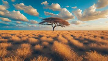 Lone Tree Standing Tall in Golden Grassland Under a Cloudy Sky photo