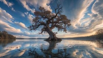 Lone Tree Stands in Lake Reflecting Sky and Ripples at Dusk photo