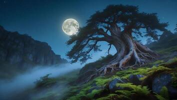 Majestic Old Tree Glowing Under Moonlight in a Misty Landscape photo