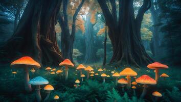 Glowing Mushrooms in Forest Landscape with Fantasy and Dreamlike Atmosphere photo