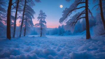Winter Forest Landscape with Moon Snow Covered Trees and Peaceful Scenery photo