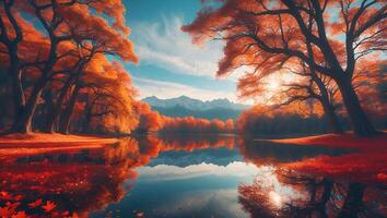 Autumn Lake Reflecting Orange Trees and Mountains Under a Bright Sky photo