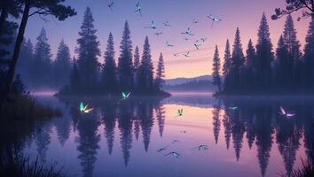 Dragonflies Flying Over Lake Reflecting Forest and Sky at Dusk photo
