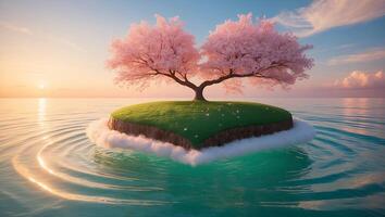 Flowering Trees on Small Island Floating Over Water at Sunset photo