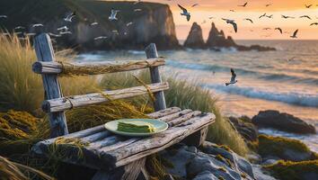 Green Food on Bench at Beach with Birds and Cliffs at Sunset photo
