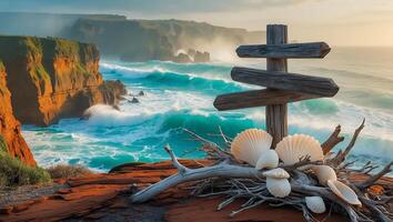 Ocean Cliffside with Waves Crashing, Seashells, Driftwood, and Signpost photo