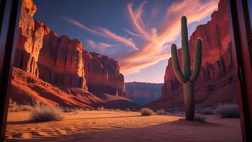 Desert Canyon View with Saguaro Cactus and Dramatic Sky at Dusk photo