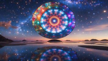 Abstract Circle Reflection Over Water with Night Sky and Starry Landscape photo