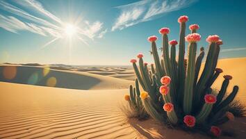 Flowering Cactus Blooms in Desert Landscape Under a Sunny Sky photo